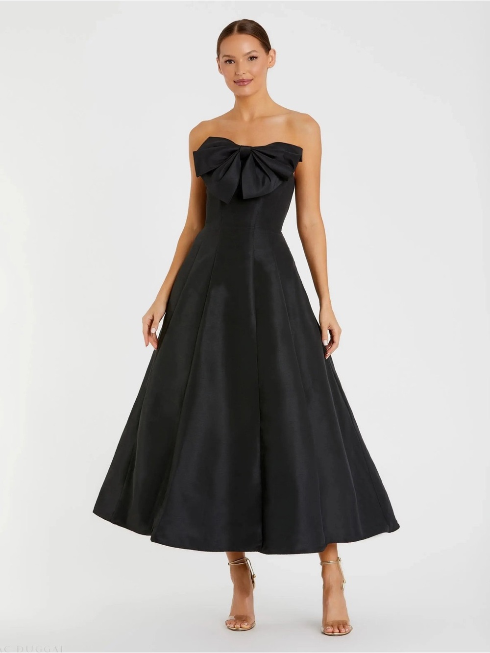 MacDuggal Black Strapless A-Line Tea Length Statement Bow Dress Size 6 B430